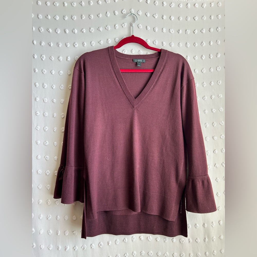 J. Crew Women’s 100%‎ Merino Wool V-Neck Bell Sleeve Sweater S Burgundy